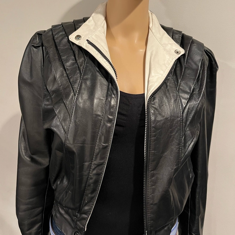 Vintage Genuine Black Leather Jacket with White Collar